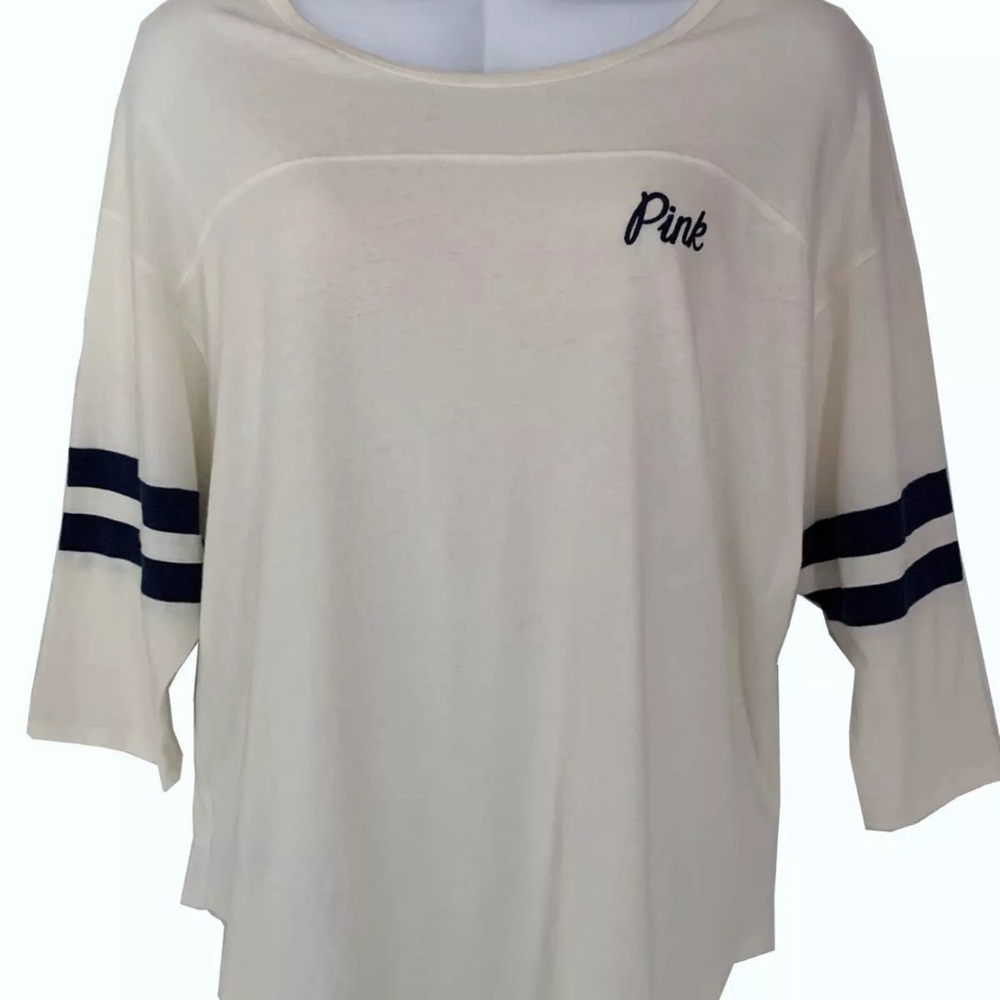 VS PINK cream & ivory 3/4 sleeve boyfriend jersey tee relaxed fit